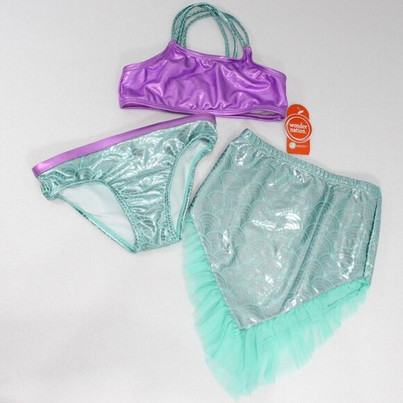 Wonder Nation 3 Piece Mermaid Skirt Swimsuit Set Bikini Toddler Girls 5T Purple - Picture 1 of 6